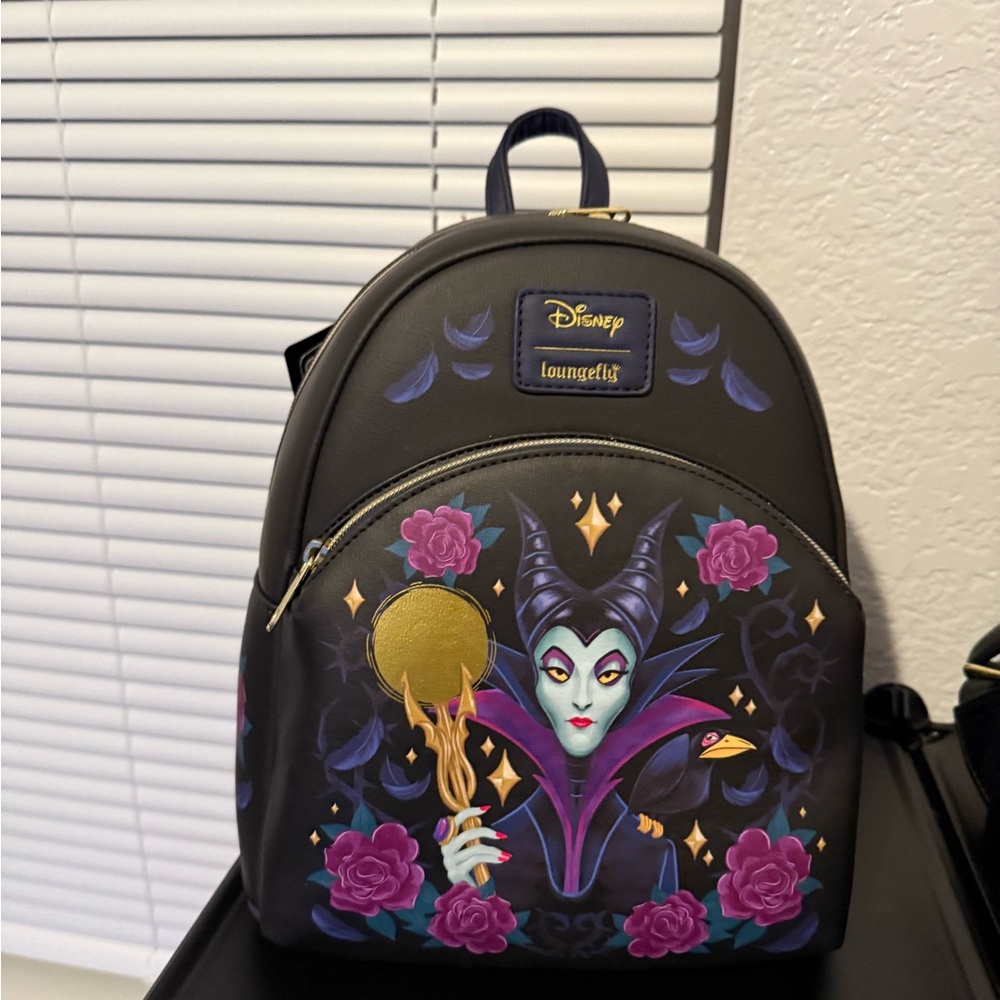 Loungefly Black Mini Backpack with Purple & Pink Maleficent Art